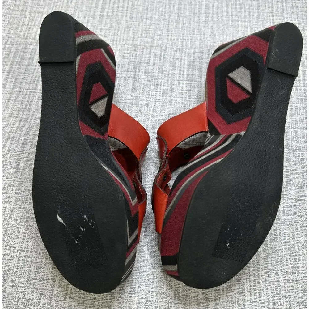Robert Clergerie France Red Leather Sandals 7 Platform Wedge Slide Designer